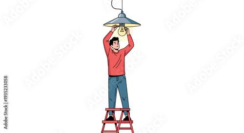 Man on Ladder Changing Light Bulb.