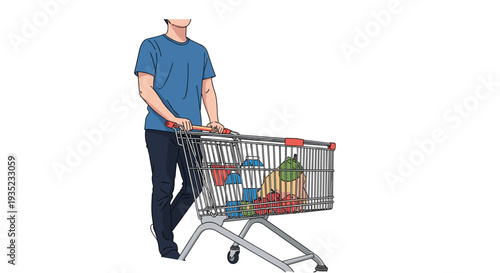 Man Pushing Shopping Cart with Groceries.