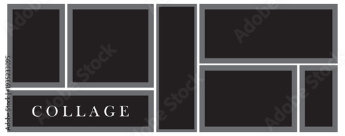 Black photo frame on wall. Square frame set. Blank pictures. Photo frames realistic. Template of moodboard. Vector illustration.