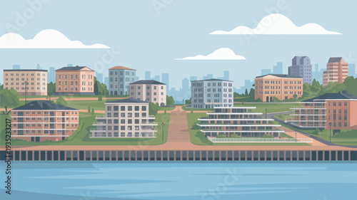 A serene cityscape with modern buildings and a waterfront area under a light blue sky