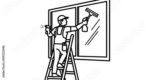 Window Cleaner on Ladder with Squeegee.