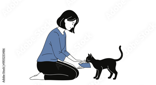 Woman Kneeling and Feeding Black Cat.