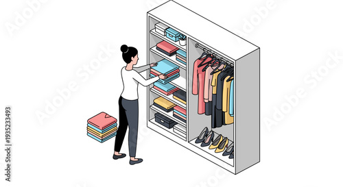 Woman Organizing Clothes in Wardrobe Closet.