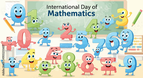 Colorful cartoon numbers and characters celebrate International Day of Mathematics in a lively classroom setting with a green chalkboard