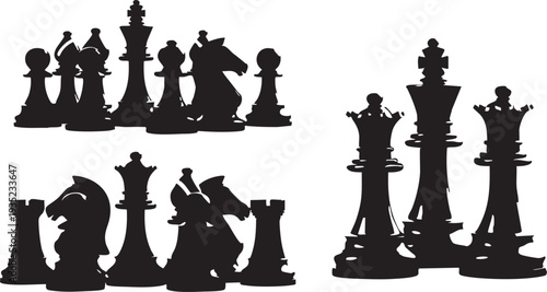 Black chess pieces on white background silhouette