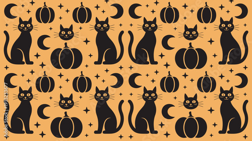 A vibrant Halloween-themed pattern featuring black cats, pumpkins, and moons on an orange background