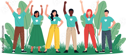 Diverse group of volunteers standing together with raised hands for community support, teamwork, activism, and social charity concepts.