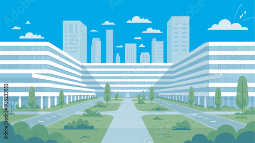 A modern office complex with sleek buildings and a well-manicured lawn in a vibrant urban setting under a blue sky