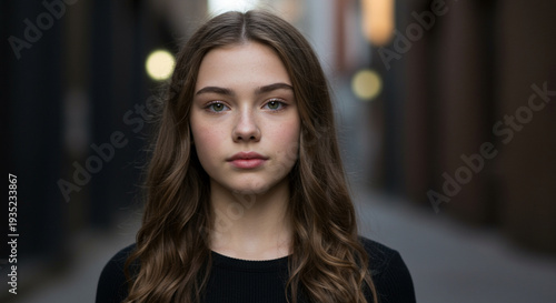 Portrait of a Young Woman with Wavy Hair in Urban Setting