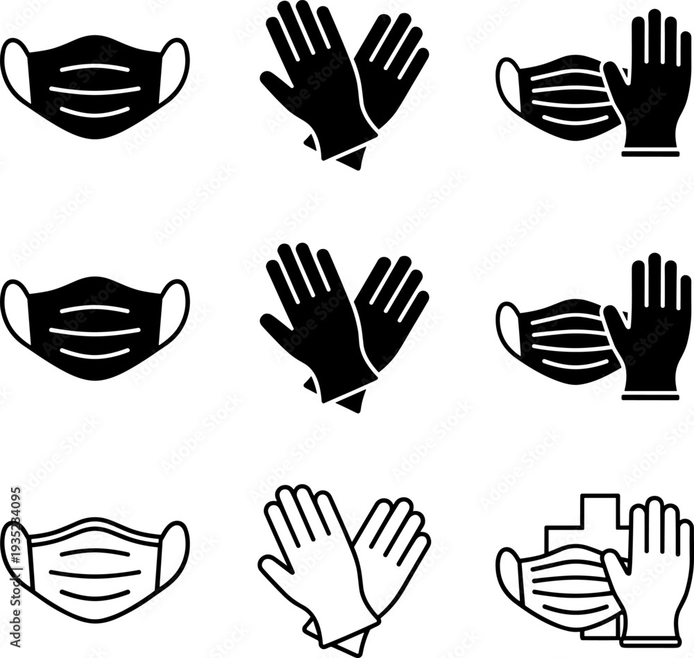 Fototapeta premium Essential Medical Protection Vector Icons: Face Masks & Safety Gloves for Health, Hygiene, and Virus Prevention – Comprehensive Flat Design Collection