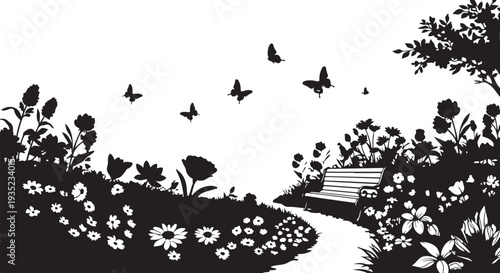 Black and white garden scene with butterflies and flowers