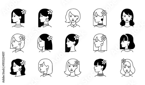 Fashion girl face icons black and white vector illustration with flower in hair isolated on white background