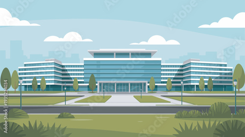 A modern office building complex situated in a serene natural environment with a city skyline in the background.