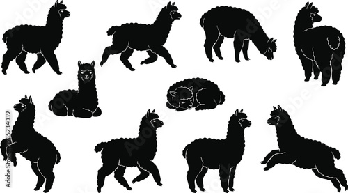 Collection of Llama Silhouettes in Various Poses.
