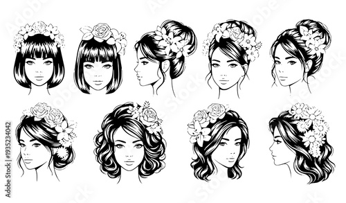 Stylish beauty girl face icons black and white vector illustrations with flower in hair isolated on white background