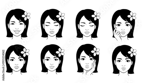 Beauty icon vector set black and white illustration girl face with flower in hair fashion concept isolated on white background