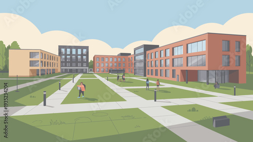 A vibrant illustration of a modern university campus with buildings and green spaces