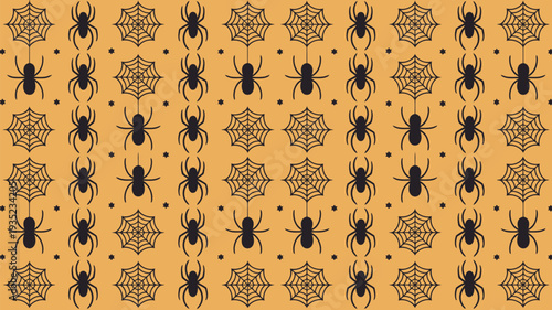 A vibrant orange background with a repeating pattern of black spiders and spiderwebs for a Halloween theme