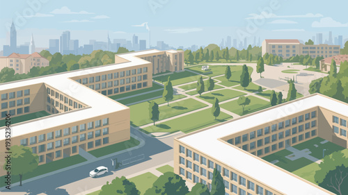 A serene university campus with modern buildings and lush greenery in a vibrant cityscape