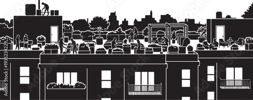 Black and white cityscape with buildings and rooftops illustration