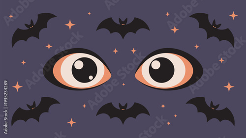 A spooky illustration of eyes surrounded by bats and stars on a dark purple background for Halloween.