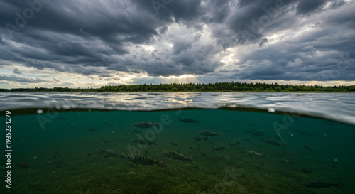 Observing Perch School Swimming in Lake with Stormy Sky Above Water
