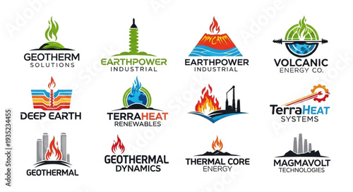 Collection of geothermal energy and power logos.