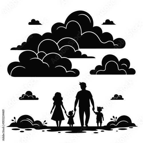 Family walking under cloudy sky, happy family, parents with kids