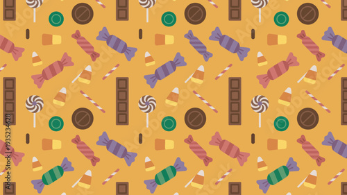 A colorful pattern of various candies and chocolates on an orange background