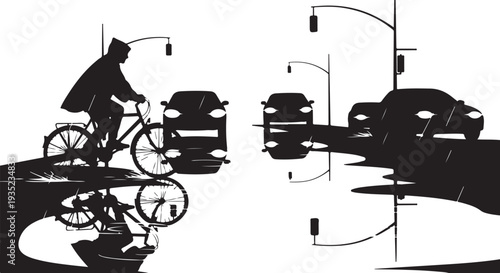 Silhouette of cyclist riding through city street at night