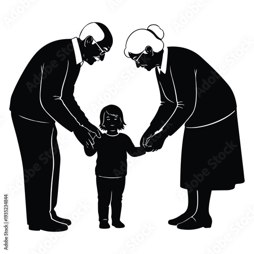 happy family, grandparents holding hands with little child, love