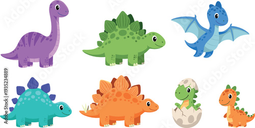Cute Dinosaur Cartoon Collection with Stegosaurus, Brontosaurus, Baby Dino and Flying Dragon Vector Illustration Set