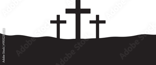 Three crosses on a hill silhouette in black color