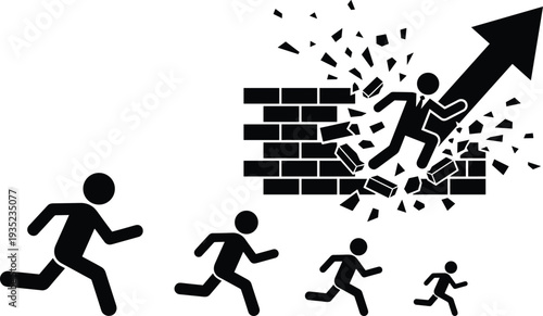 Business success concept illustration with businessman breaking wall barrier and running toward rising arrow growth opportunity