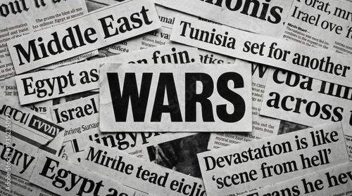 Collage of Newspaper Headlines Featuring the Word Wars and Middle East Conflicts.