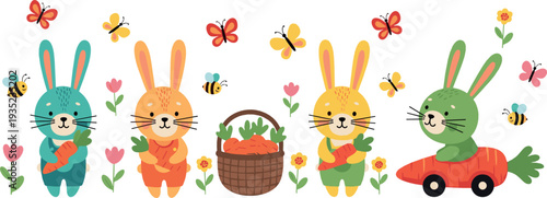 Cute Easter Bunny Collection with Carrots Basket Butterflies and Spring Garden Cartoon Vector Illustration Set