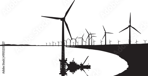 Wind turbines generating clean energy on a landscape silhouette