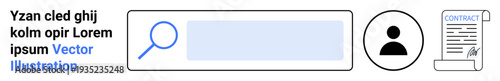Online services, identity verification, contract signing, data retrieval, document management, user authentication. Search bar with magnifying glass, user icon document icon. Online services