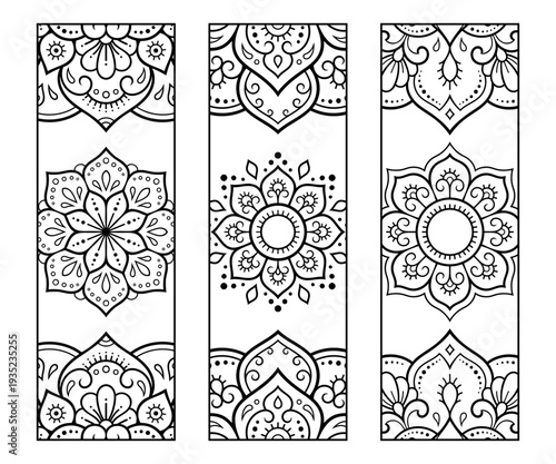 Printable bookmark for book - coloring. Set of black and white labels with flower patterns, hand draw in mehndi style. Sketch of ornaments for creativity of children and adults with colored pencils.