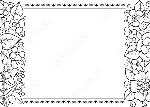 Frame in eastern tradition. Stylized with henna tattoos decorative pattern for decorating covers for book, notebook, casket, magazine, postcard and folder. Flower border in mehndi style.
