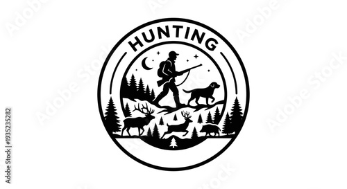 A black and white logo featuring a hunter and his dog outdoors