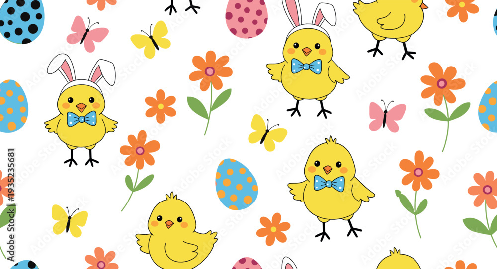 Fototapeta premium Cute Easter Seamless Pattern with Baby Chicks Bunny Ears Colorful Eggs Butterflies and Spring Flowers Cartoon Vector Background