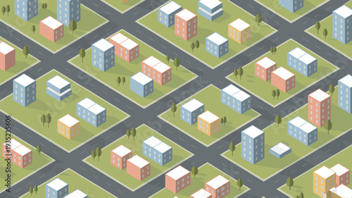 An aerial view of a vibrant suburban neighborhood with colorful houses and buildings surrounded by green lawns and roads