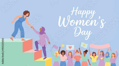 Fotografia Women Helping Each Other Climb Stairs.