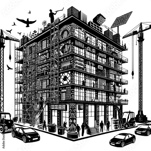 Industrial building complex isometric view architectural design engineering construction urban development blueprint