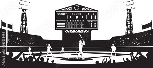 Baseball stadium with players and spectators in black silhouette