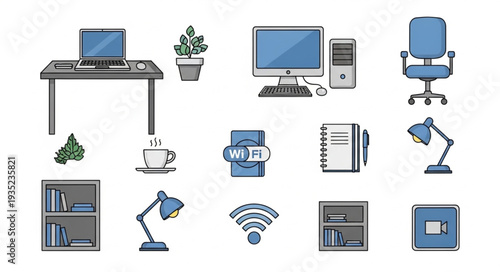 Collection of office and home office supplies and equipment.