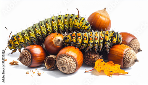 Vibrant exotic caterpillars on pile of acorns and autumn leaves isolated on white background detailed macro wildlife close-up natural insect textures and colorful fall forest design element