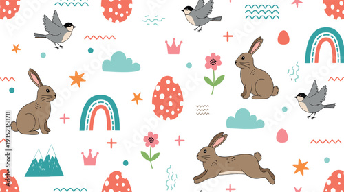 Cute Easter Seamless Pattern with Bunnies, Birds, Eggs, Rainbows and Spring Elements Vector Illustration