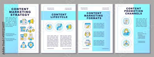 Content marketing brochure layout. Efficiency metrics, social commerce. Leaflet advertising design with color line icons. Editable 4 pages. Arial-Black, Myriad Pro-Regular fonts used